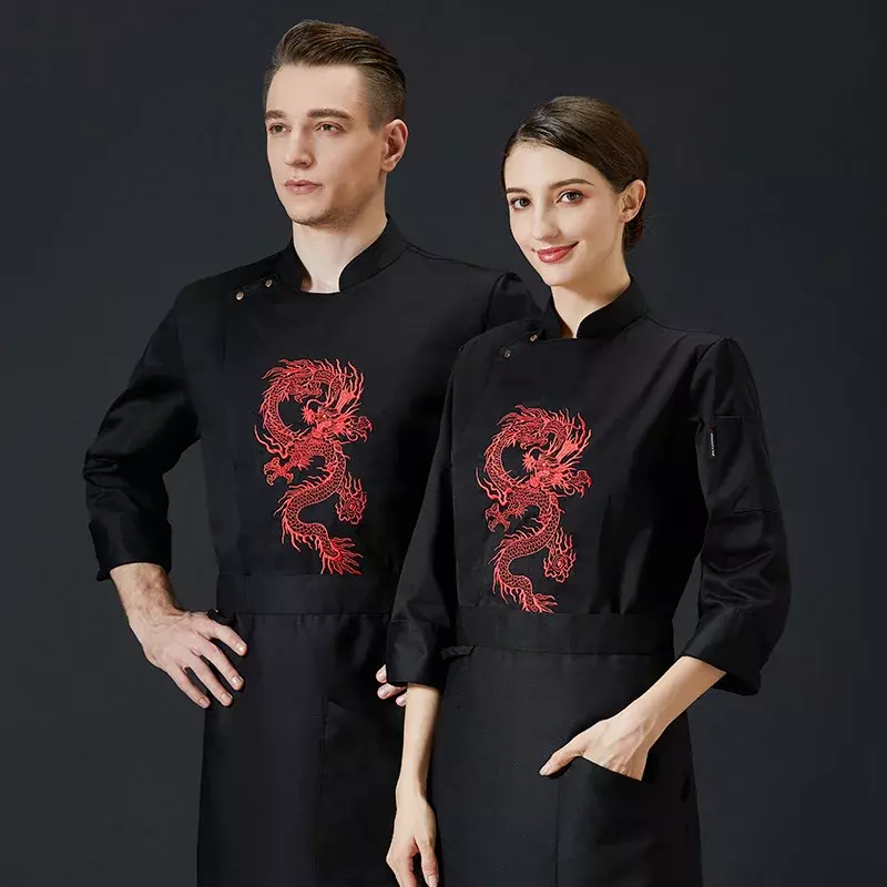 Długi smok mundur hotelowy haftowana odzież rozmiar kuchenne kurtki dla dorosłych szef kuchni kelner rękaw Plus koszule restauracja