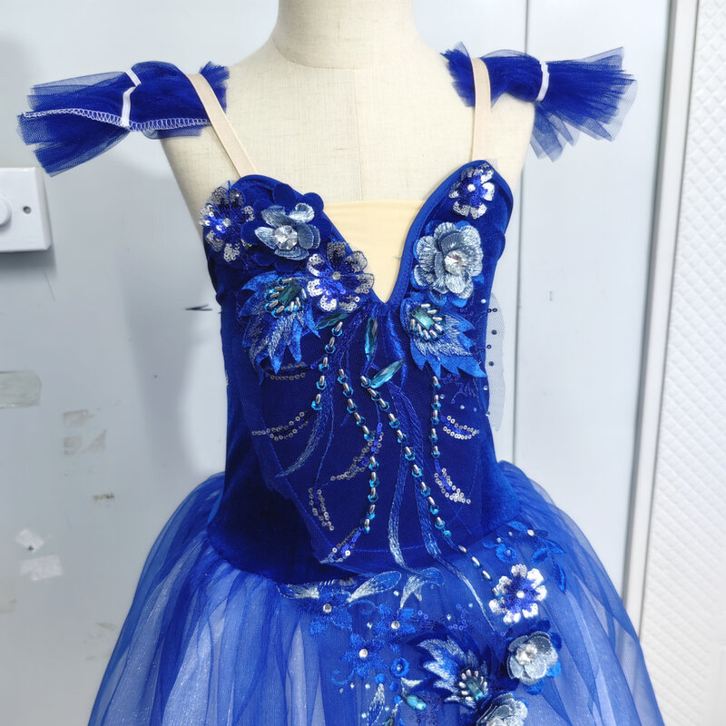 Blue Ballet Tutu Skirts 3d Flower Dress Performance Costumes Princess Dance Practice Long Romantic Dress