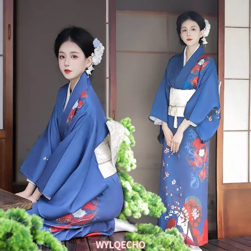 Japanese Traditional Kimono Gown With Obi Print Flower Airy Dresses Costume Women Ladies Geisha Haori Yukata Kimono Gown Suit