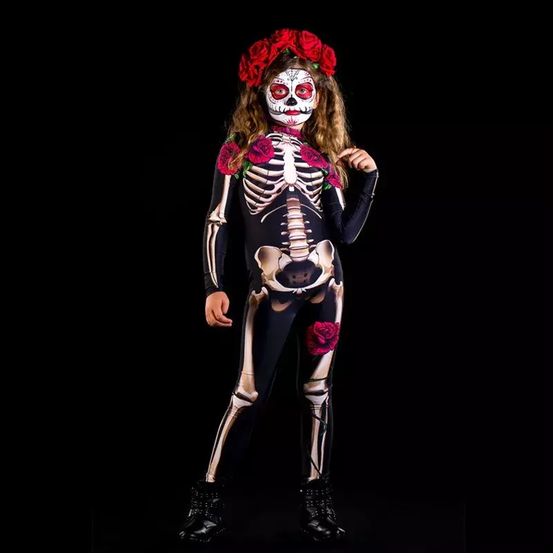 Rose Skeleton Adult Kids Scary Costume Halloween Dress Cosplay Sexy Jumpsuit Carnival Party Baby Girl Rompers Day of The Dead