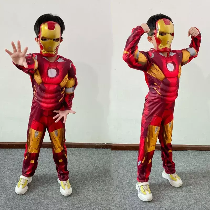 Kids Iron Man Muscle Costume Superhero Iron Man Cosplay Costume Jumpsuit Mask Gloves Halloween Birthday Bodysuit for Boy Gifts