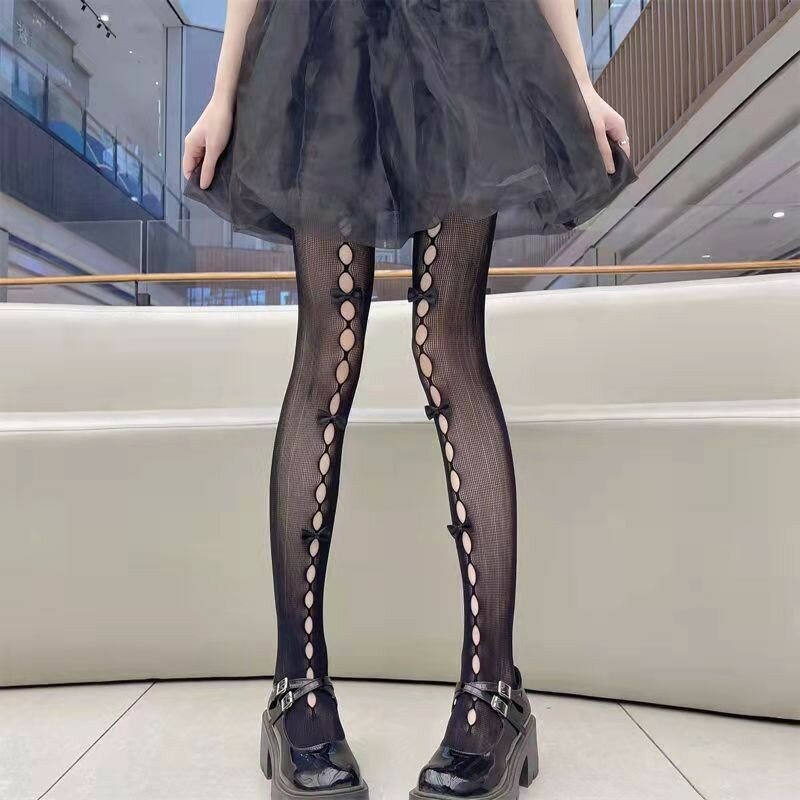 Lolita Cosplay Girls Bowknot Hollow Out Pantyhose Sexy Thin Ins Tide Lace Tights Anime Socks Black White Fishnet Silk Stockings