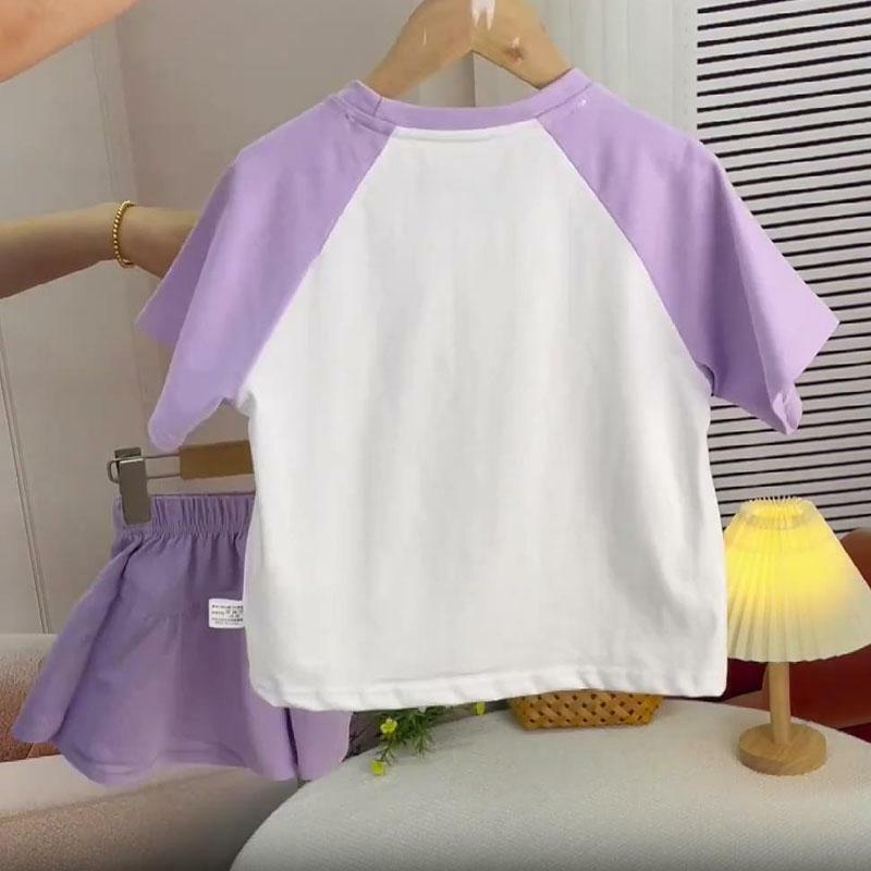 Sanrios Children's Summer Short-Sleeved Suit Kuromi Cartoon Cotton T-Shirt Shorts Two-Piece Set Casual Tops Cute Culottes Gift