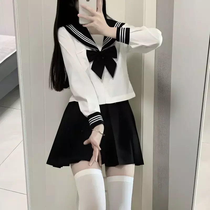 Basic JK Black Collar White Lines School Uniform Girl Sailor Suits Pleated Skirt Japanese Style Clothes Anime COS Costumes Women