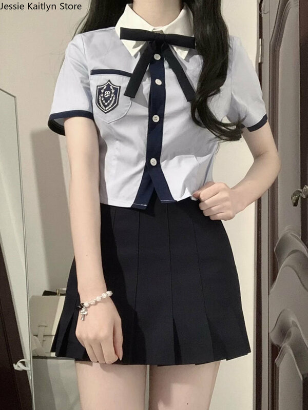 Japanese Student JK School Uniform Summer Sweet Kawaii Uniform Set Vintage Cute Girls Navy Blue Shirt and Mini Pleated Skirt Set
