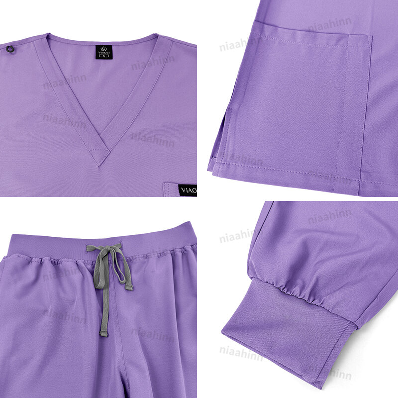 Wholesale Price Clinical Uniform Woman Hospital Doctor Work Wear Nurse Medical Clothing Short Sleeved Top Jogging Pants Set Mens