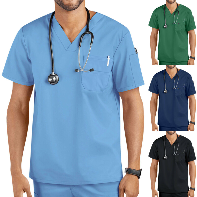 Men Hospital Short Sleeve Uniform Carer Tops Blouse Healthcare Clinic Working Nurse T-shirt Medical Nursing Workwear
