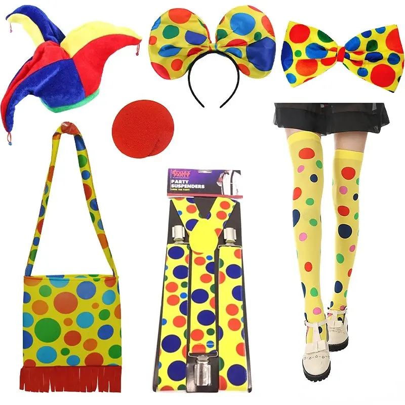 Clown Set Perücke Hut Nase Fliege Zubehör für Kinder Erwachsene Party Zirkus Karneval Requisiten Halloween Kostüm Cosplay