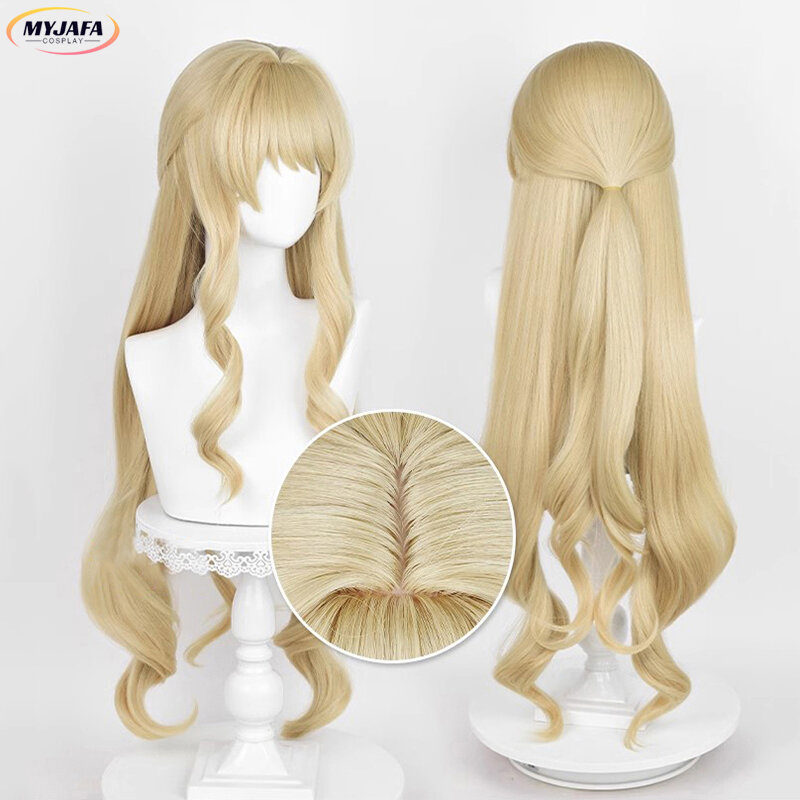 Navia Cosplay Wig Game Fontaine Navia Long Linen Gold Curly Heat Resistant Synthetic Hair Role Play Wigs + Wig Cap