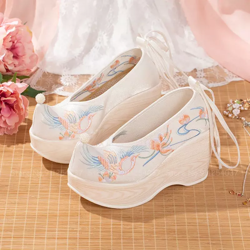 Women Cheongsam Hanfu High-heeled Embroidered Shoes Chinese Style Ancient Fairy Cosplay Ankle Boots Pearl Lace-up Cloth Shoes