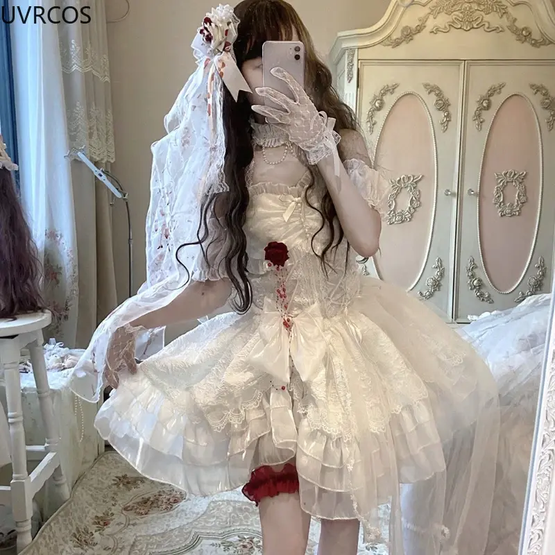 Japanese Victorian Gothic Lolita Dress Elegant Women Cute Lace Mesh Kawaii Fashion Rose Dresses White Girls Sweet Wedding Dress
