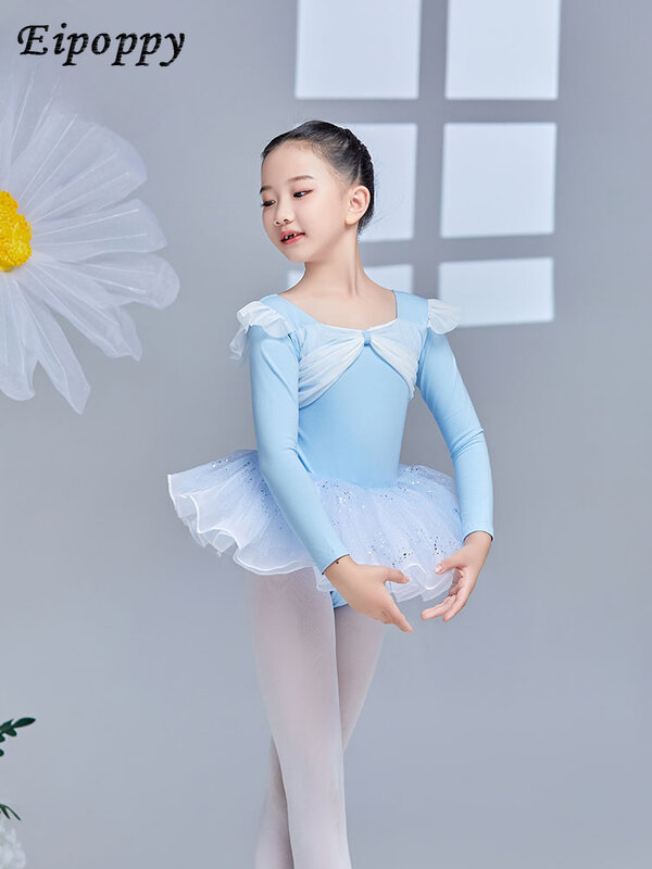 Girl's Dancing Dress High-End Shapewear Autumn Long Sleeve Open Crotch Gym Outfit Ballet One-Piece Suit Exercise Clothing