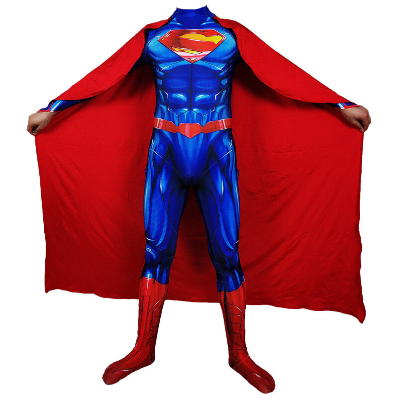 Uomo Super Heroes Deluxe Muscle Chest Costume Cosplay Hero Spandex Zentai body con mantello 2 pezzi