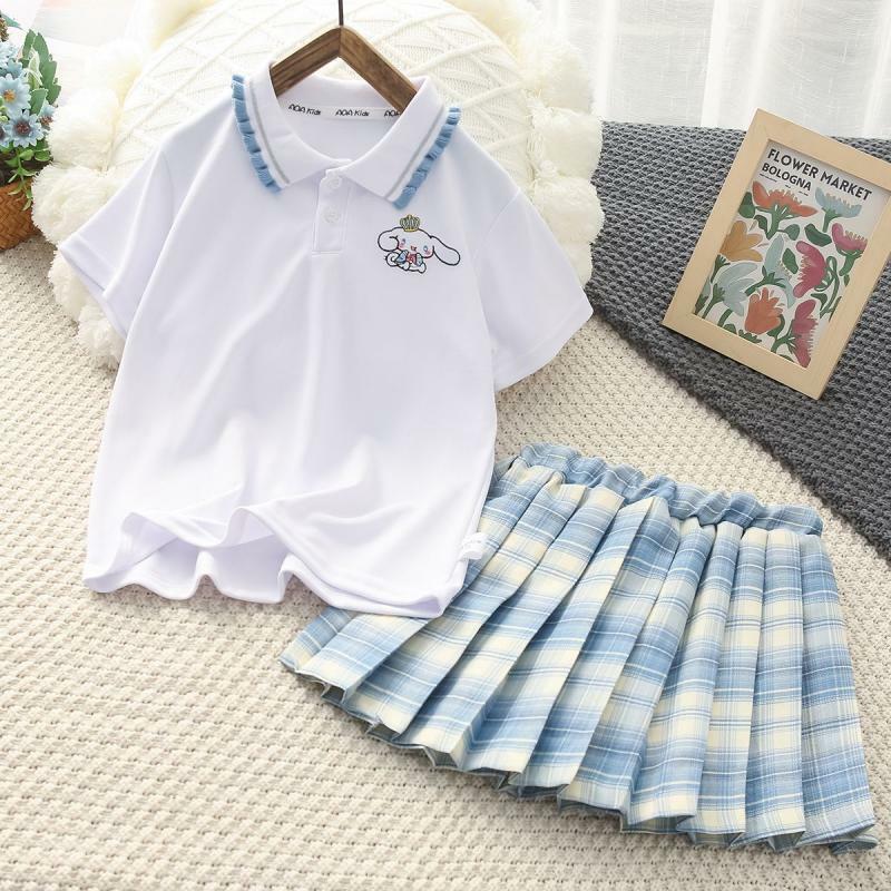 Sanrios dziecięca plisowana spódnica z krótkim rękawem dwuczęściowa moja melodia Cinnamoroll Kuromi Girls Jk styl Preppy zestaw modna bawełniana koszulka
