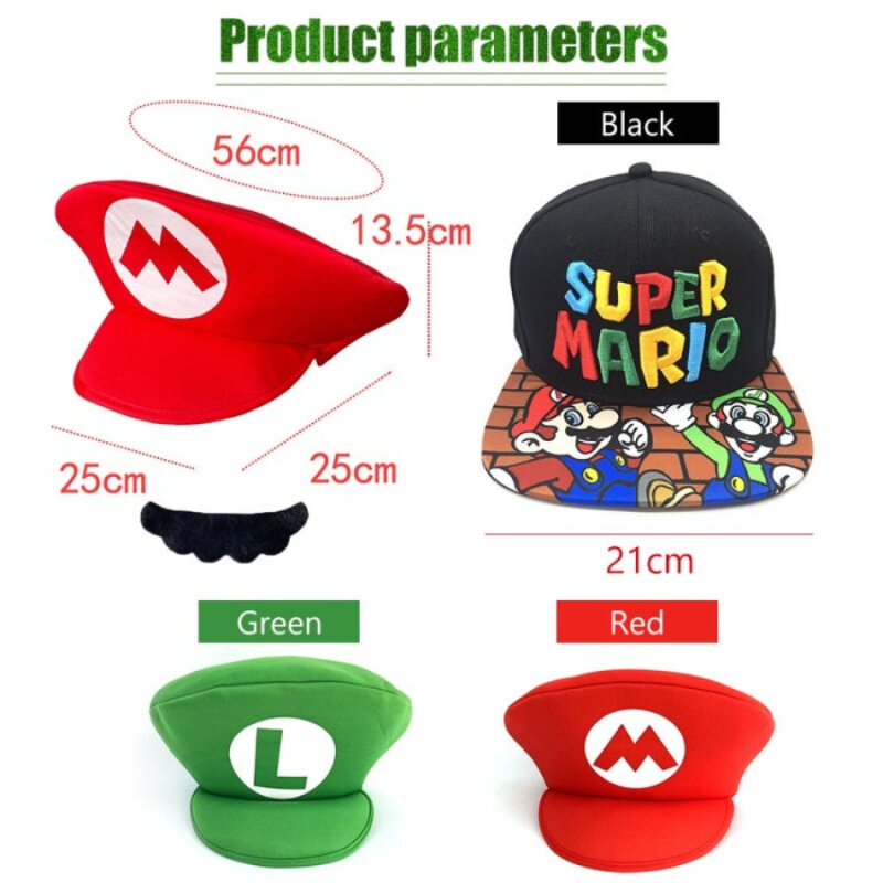 Super Mario Red Green Cap Cosplay Cartoon Hats with Moustache Unisex Caps Cos Props Party Costumes Accessories