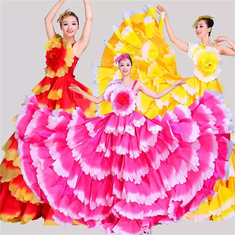 Flamenco Dress Dance Gypsy Skirt Woman Spain Belly Costumes Big Petal Spanish Chorus Stage Performance Wear S-3XL