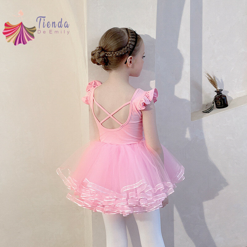 Ballet Leotards for Girl Toddler Short Ruffle Sleeve Tulle Dance 4 Layers Dancer Outfit Rhythmic Gymnastics Bodysuit Dress Skate