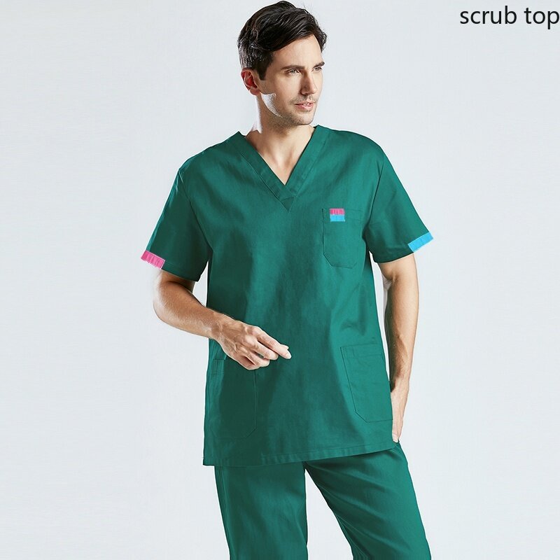 Plug Size Medical Uniforms Men Scrub Top Cotton Short Sleeve Nursing Clothes Doctor Workwear Veterinary Overalls Hospital Scrubs