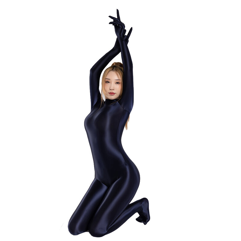 Shiny Glossy Satin Sexy Women's Long Sleeve Finger Gloves Zipper Back Full Length One-piece Bodysuit Silky Tights Zentai Catsuit