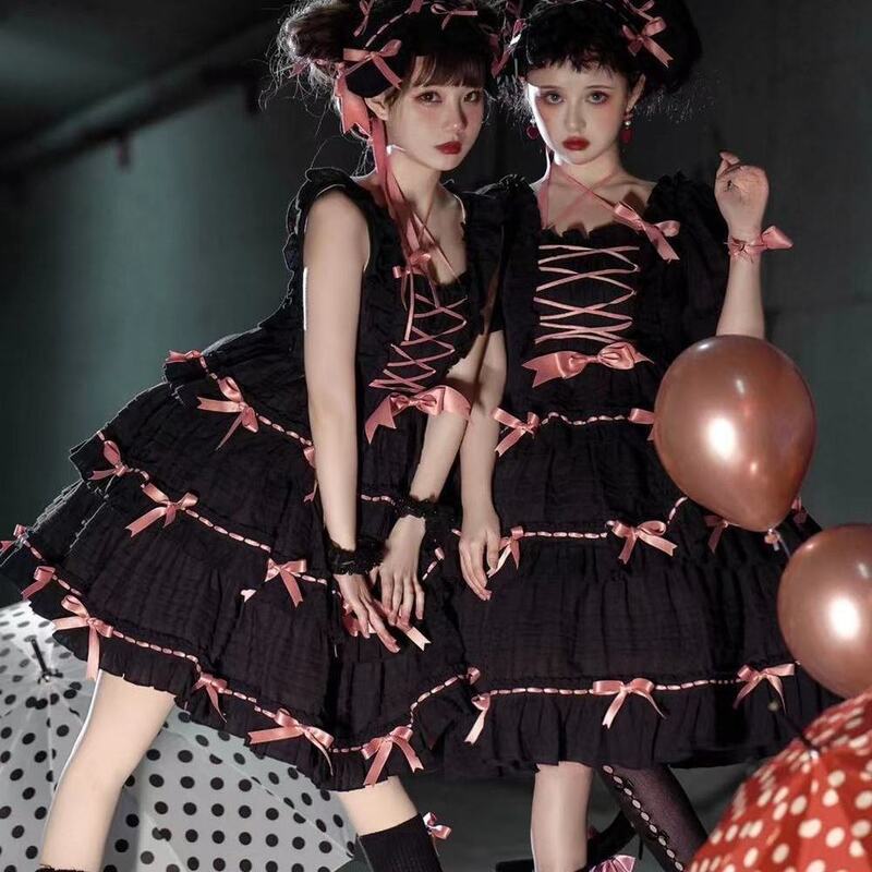 Sommer Japanischen Lolita JSK Kleid Süße Lolita Straped Kleider Weibliche Mädchen TALI Kontrast Bogen JSK Frauen Spitze Loli Kawaii Kleid