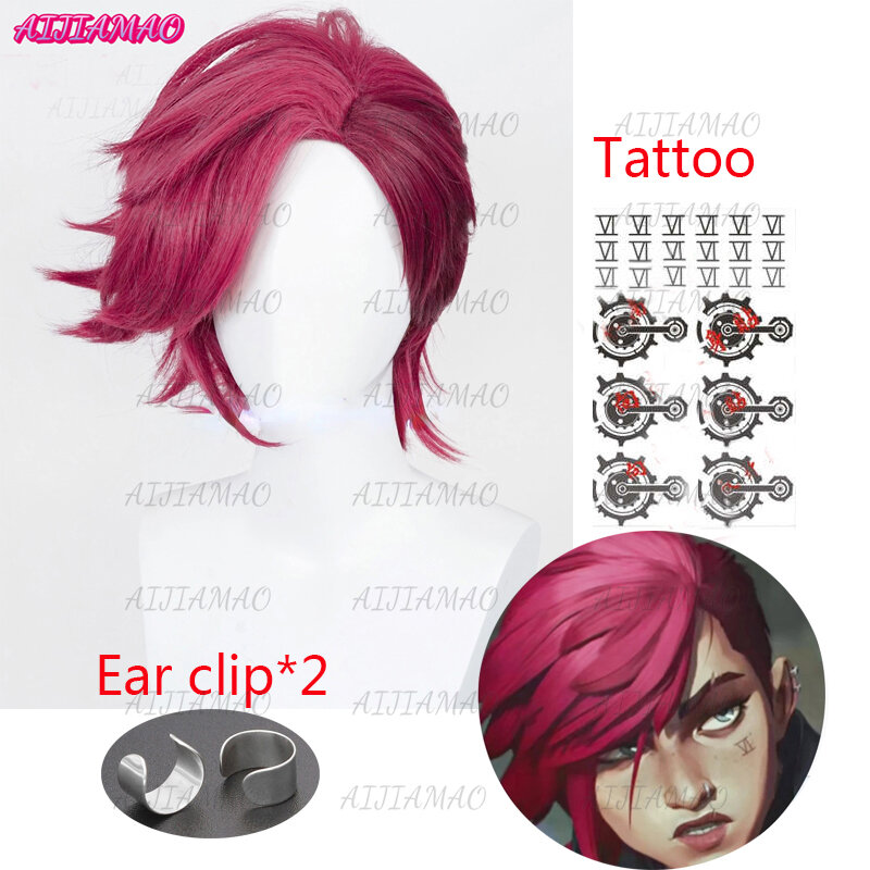 Game LOL Arcane Vi Cosplay Wig VI 30cm Deep Rose Short Heat Resistant Synthetic Hair Anime Role Play Wigs + Wig Cap