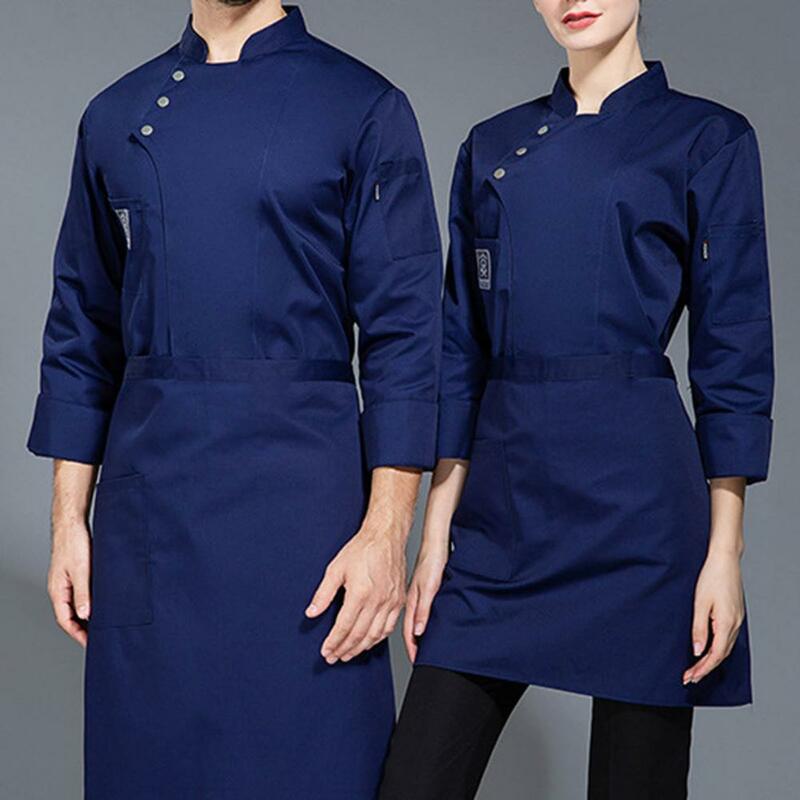 1Pc Stand Collar Chef Coat Cotton Blend Breathable Long Chef Uniform Double-breasted Stain-resistant Chef Uniform for Bakery
