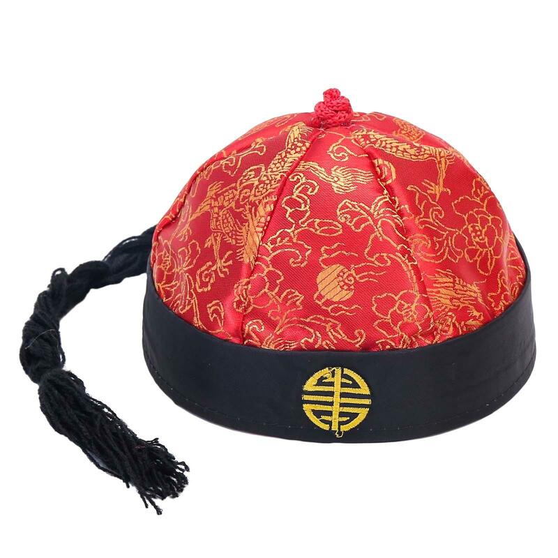Chinese Oriental Hat with Ponytail Headwear Decorative Mandarin Asian Hat Qing Emperor Hat Stage Performance Props for Theater