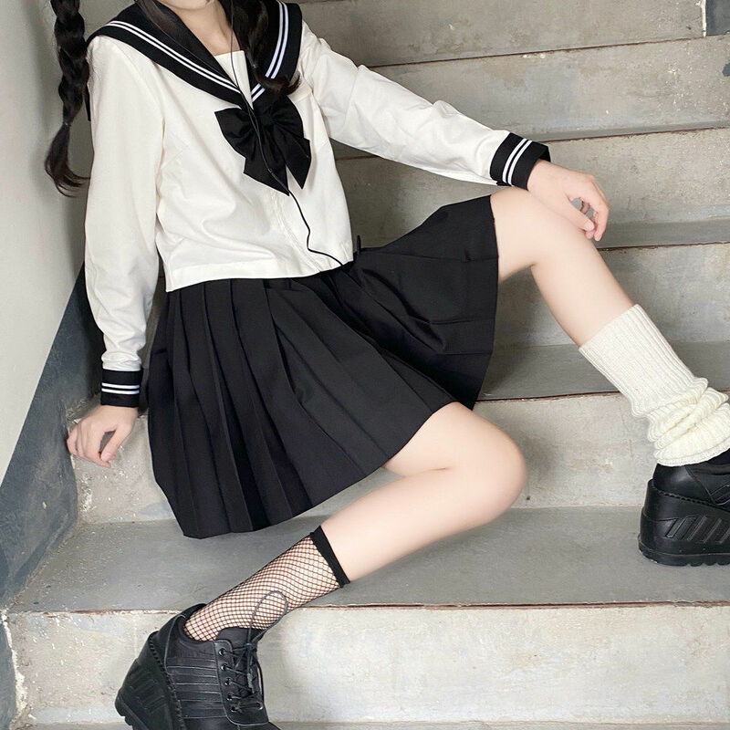 Japanese School Girl Uniform JK Black Sailor Basic Cartoon Navy Sailor Uniform Sets Navy Costume Women Girl Costume Uniform