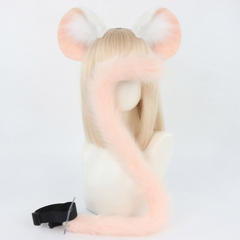 Handmade Plush Mouse Ears Headbands and Faux Furs Tail for Halloween Cosplays Party Costumes Accessorise for Kids Adults