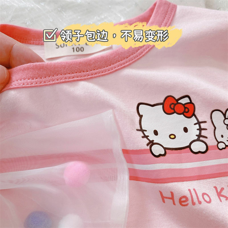 Camiseta de algodón puro de Hello Kittys para niños, Tops Kawaii Sanrios con estampado de dibujos animados, manga corta, secado rápido, transpirables, lindos lazos, Verano