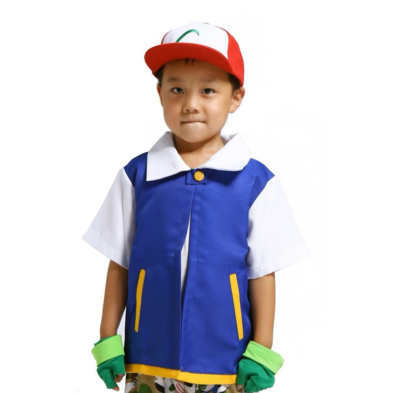 Pokemon Cosplay Anime Ash Ketchum Clothes Men Blue Jacket Costume Boys Girls Cosplay for Party Trainer Pokemon Cap Gloves Set