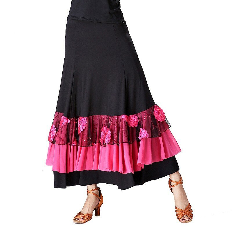 Women Flamenco Ballroom Practice Dress Spanish Fancy Belly Dance Wear Sequin Flower Embroidery Ruffle Big Wing Gypsy Stage Skirt