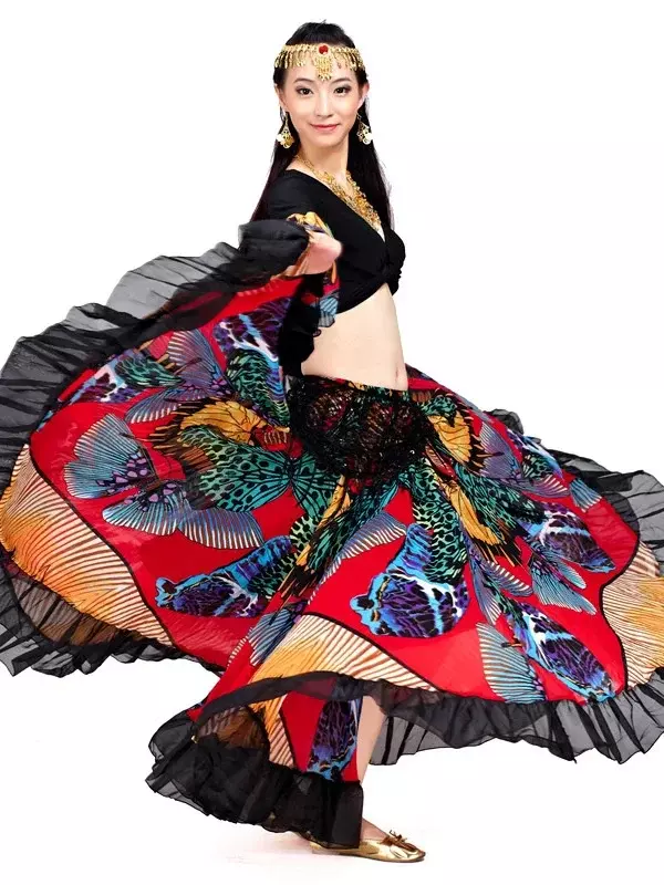 Gypsy Swing Skirt Chiffon Big Circle Belly Dance Costume Outfit Print Choli Top Wrap Blouse Horn Sleeve Dancer Performance Show