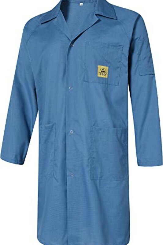 ESD Lab Coat with Lapel Collar, 3 Pockets & Snap Cuffs, Knee Length Anti-Static Jacket
