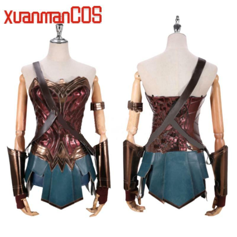 Anime Wonder Cos Wome Dress Diana Cosplay Costume Adult Brown Top Faux Leather Corset Shorts +Girl Wig Accessories Halloween