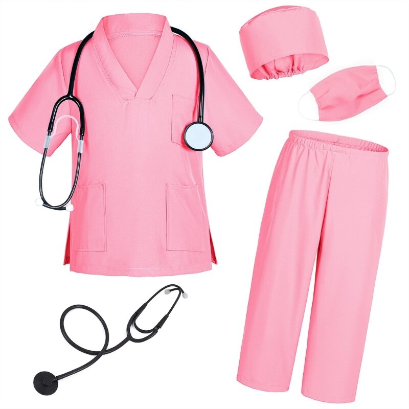 1Set Kids Boys Girls Role-Play Doctor Nurse Fancy Dress with Scrubs Uniforms Face Mask and Stethoscope R7RF R7RF