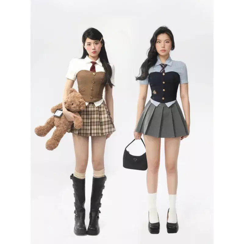 Korean Hot Girl Jk Uniform Women Y2k Japanese Corset Tube Top Vest Short-sleeved Shirt Pleated Skirt Suit School Uniform Sexy