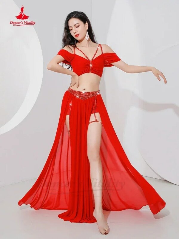 Belly Dance Professional Suit for Women Mesh Short Sleeves Top+sexy Split Long Skirt 2pcs Girl's Oriental Belly Dancing Suit
