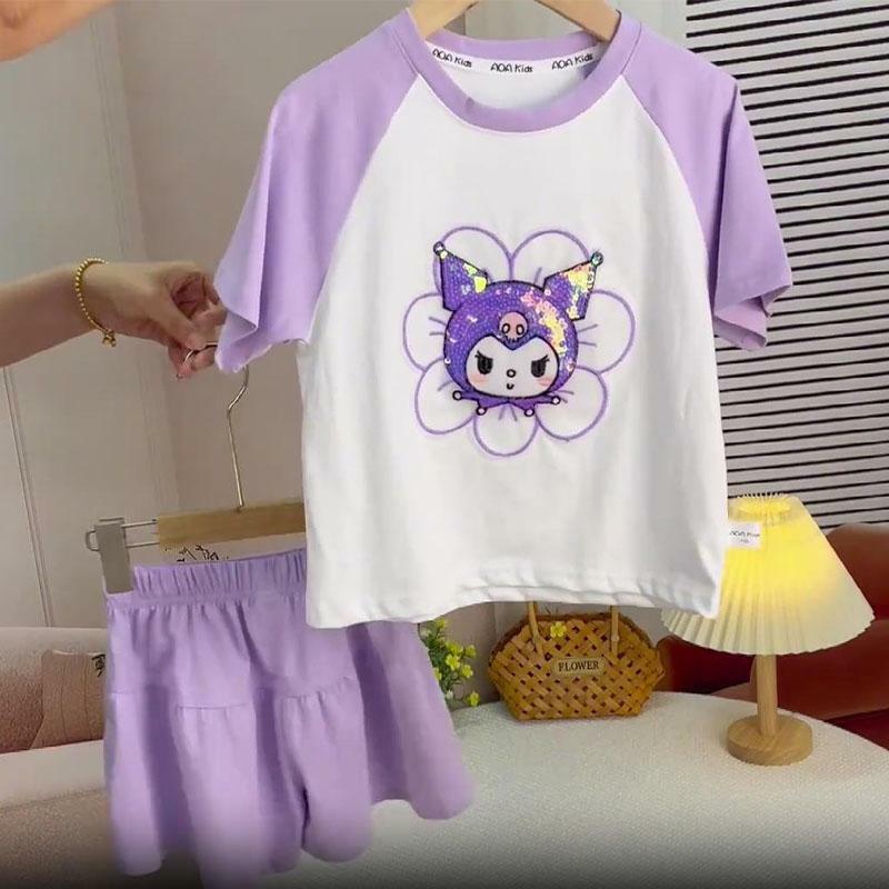 Sanrios Children's Summer Short-Sleeved Suit Kuromi Cartoon Cotton T-Shirt Shorts Two-Piece Set Casual Tops Cute Culottes Gift