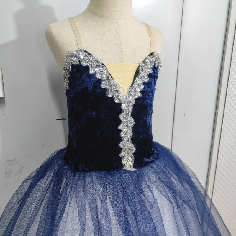プリンセスダンスの練習のためのブルーエバレートスカート、ロマンチックなドレス、パフォーマンスコスチューム