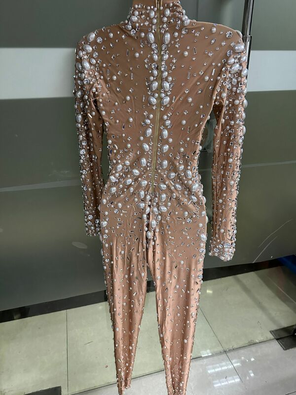 Sexy Stretch Rhinestones Jumpsuit Singer Dancer Stage Costume Drag Queen Clothes Diamond Bar Gogo  Luxury show Pearl Outfit