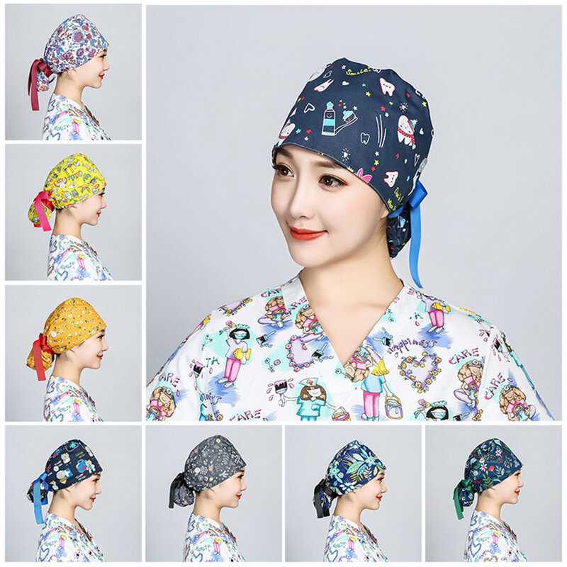 Operating Room Scrub Cap Women Long Hair Cover Cap Cotton Tooth Printing Hats Beauty Work Hats Anti-Dirty Adjustable Doctor Hats
