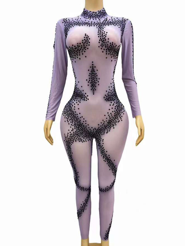 Sexy Light Purple See Through Elastic Mesh Women Bodysuit Black Crystal Jumpsuit Photo Shoot Show Wear Carnival Stage Costume