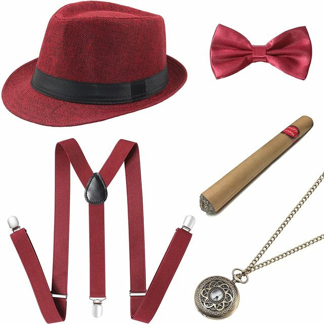 Free Ship Halloween 1920s Mens Gatsby Gangster Accessories Set Panama Hat Suspender Bow Tie 20s Great Gatsby Cosplay Accessories