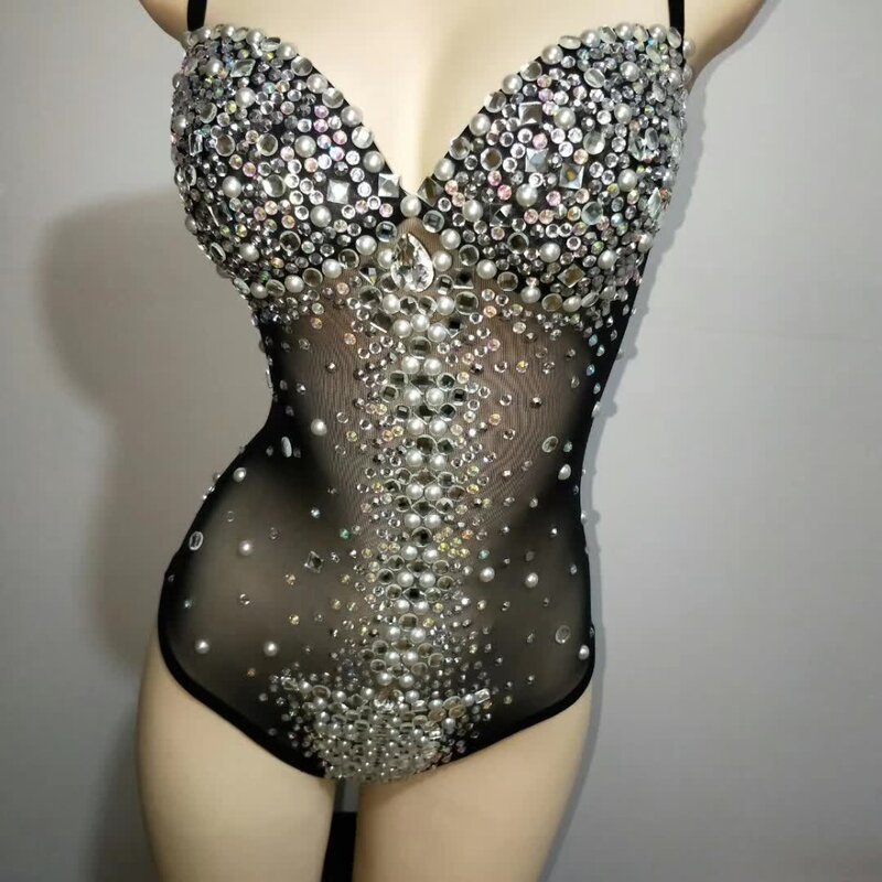 Sparkly Silver Crystals Leotard Sexy Mesh Club Outfit Celebrate Female Singer Dj Rhinestones Bodysuit Dance Costume Stage Wear