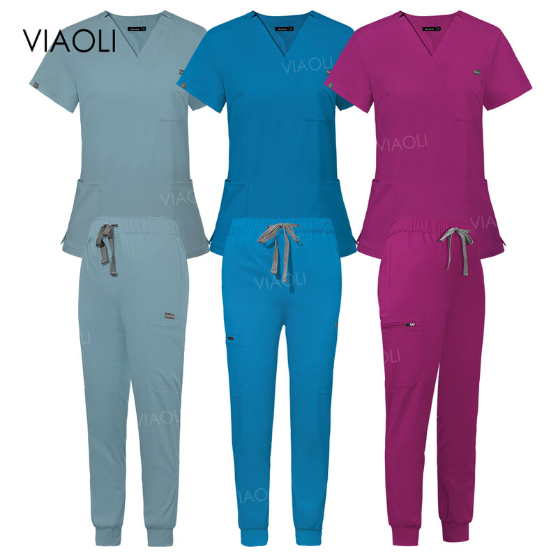 Nursing Uniform Women Scrub Set Multicolor Scrubs Uniform Short Sleeve Tops+Pants Pet Shop Doctor Scrub Medical Surgery Workwear