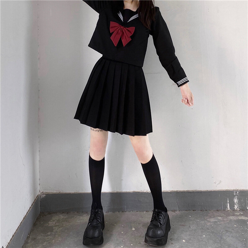 Japanese School Uniform Girls Plus Size Jk Suit Red Tie Black Three Basic Sailor Uniform Women Long Sleeve Suit