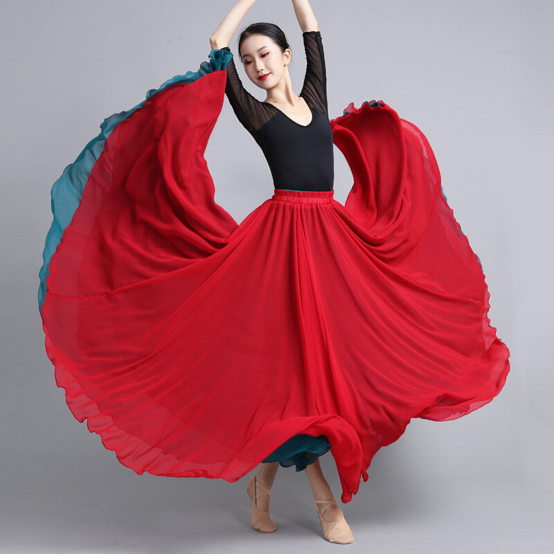 Flamenco Chiffon Dance Skirt for Women 720 Degrees Solid Color Long Skirts Dancer Practice Wear Chinese Style Skirt with Big Hem