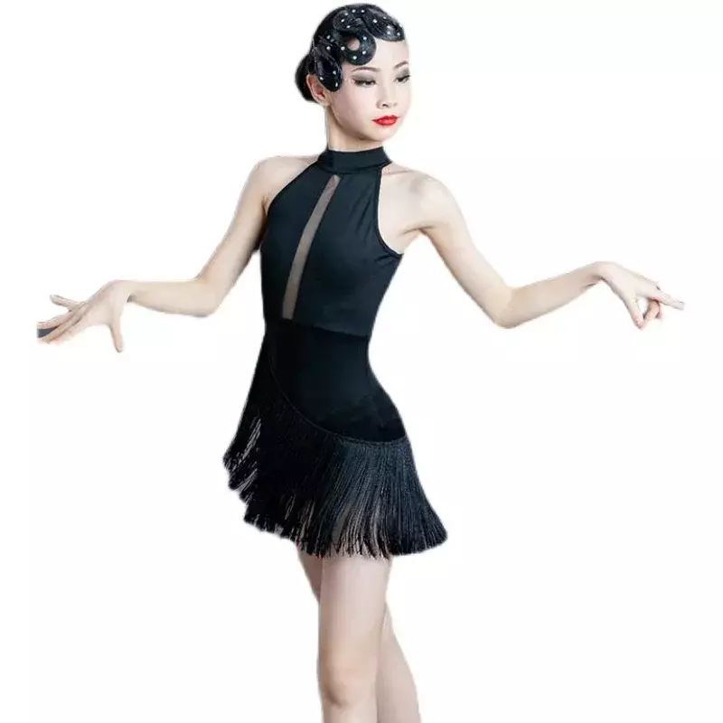 Girl Sexy Latin Dance Dress Black Children Professional Competition Ballroom Dance Dresses Tassel Tanggo Cha-cha Waltz Dancewear
