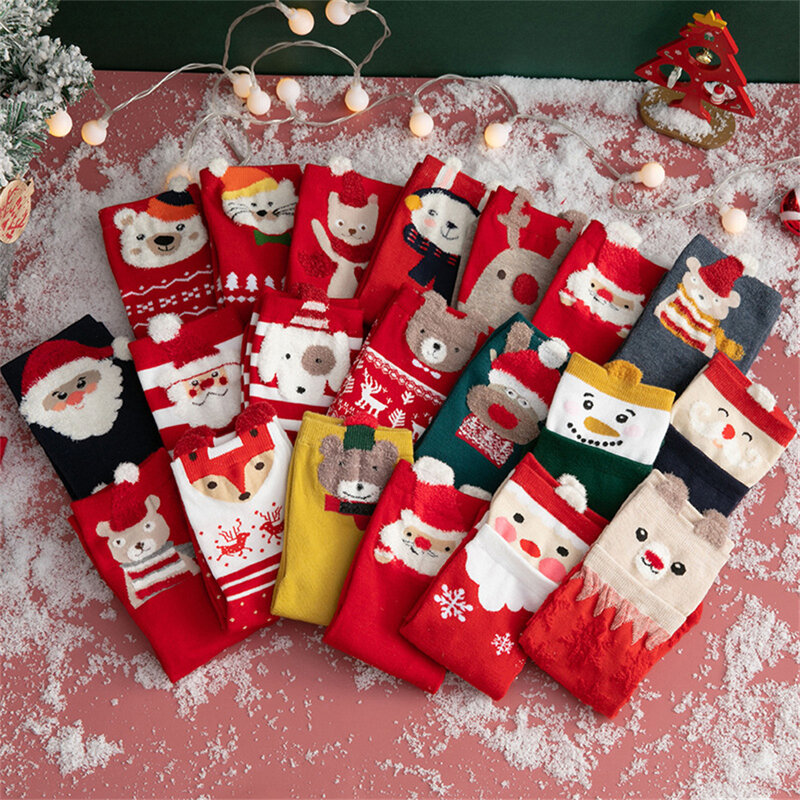 ถุงเท้าคริสมาสต์สำหรับผู้หญิง, ถุงเท้าครึ่งท่อนให้ความอบอุ่นปานกลางถุงเท้าผ้าฝ้ายลายการ์ตูนน่ารักสำหรับ KAOS Kaki anak perempuan ฤดูหนาวของขวัญคริสต์มาสปีใหม่1คู่